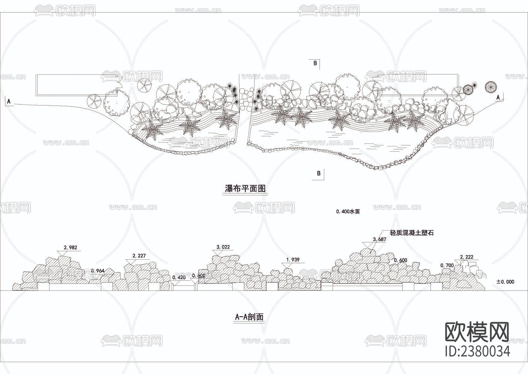 大瀑布cad大样图下载（渲染图2）