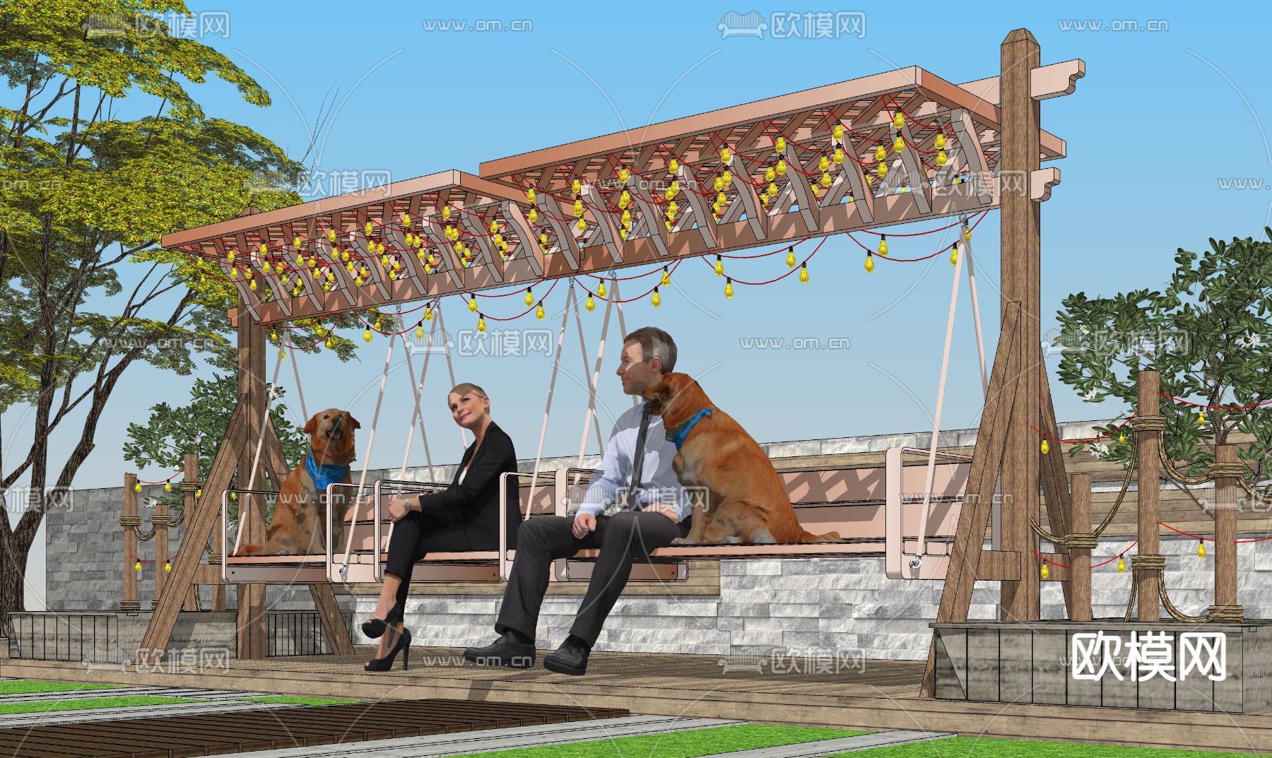 现代庭院秋千吊椅su模型下载（渲染图1）