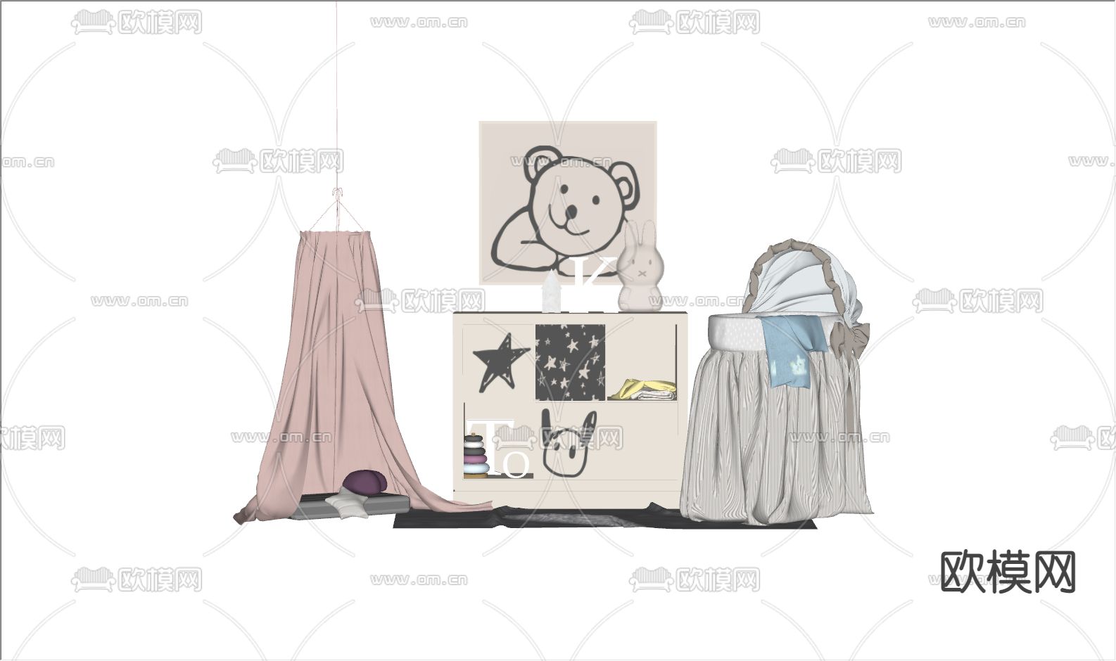 现代婴儿床 帐篷su模型