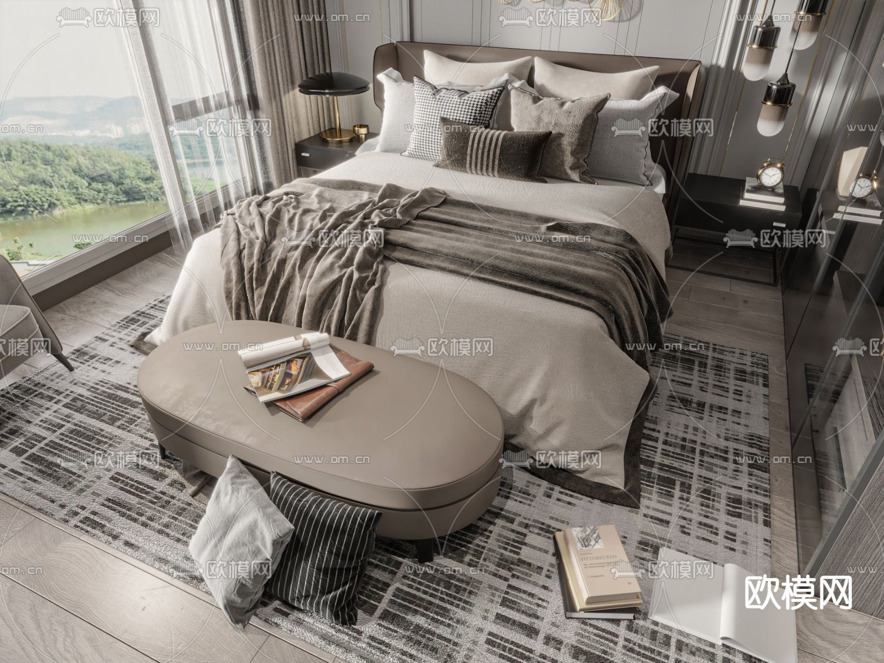 高级灰双人床3d模型下载