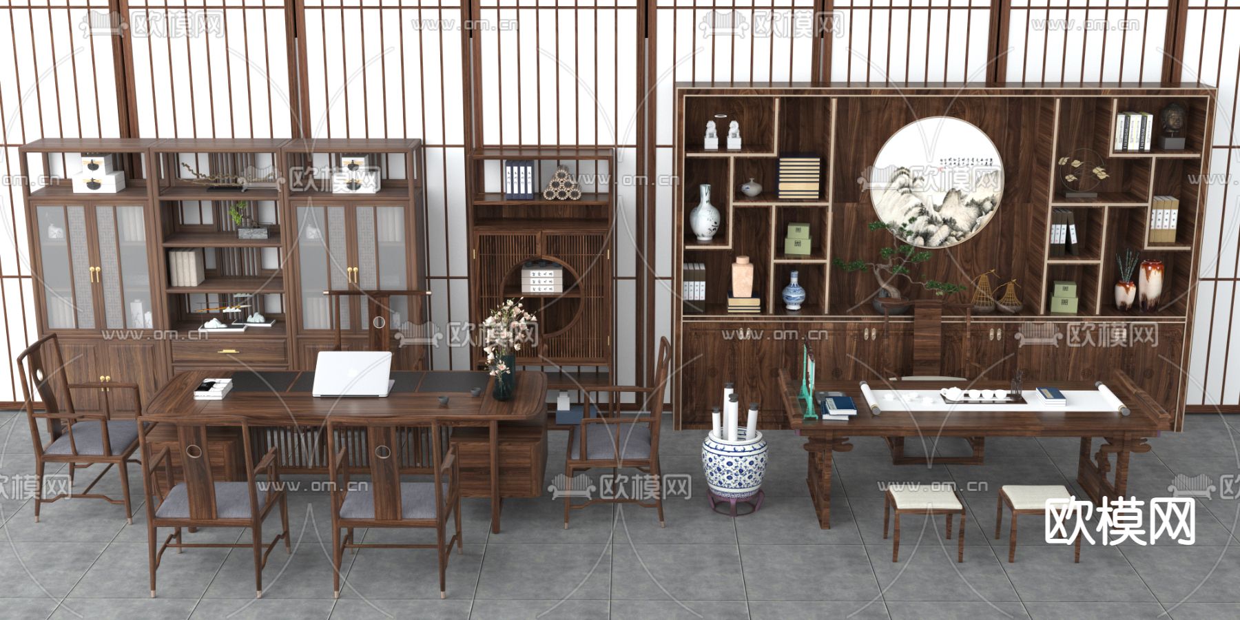 中式书桌椅3d模型下载_ID12207546_3dmax免费模型-欧模网