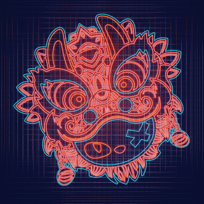  国潮醒狮霓虹灯 装饰灯su模型 