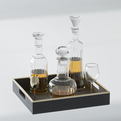  玻璃酒瓶 酒杯 托盘su模型 
