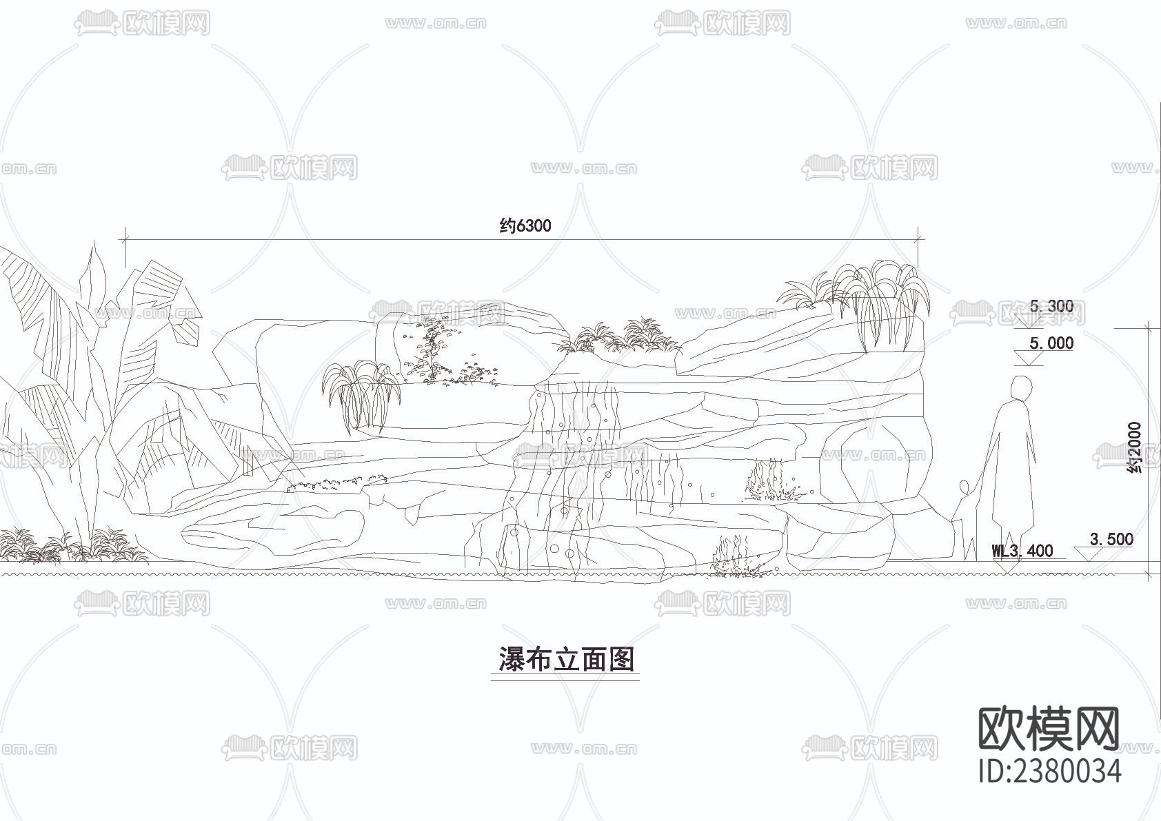 大瀑布cad大样图下载（渲染图4）