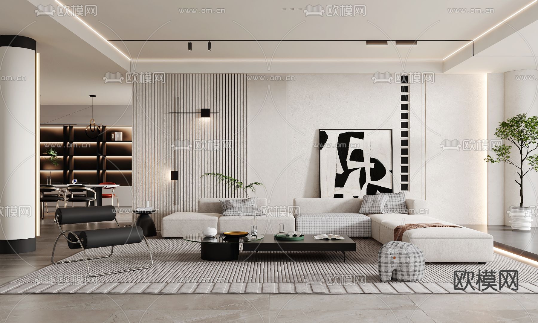 奶油风客厅餐厅3d模型下载（渲染图1）