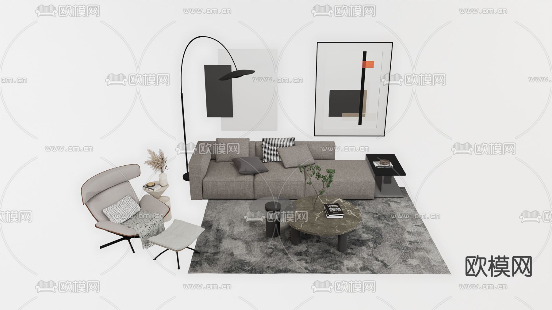 简欧组合沙发su模型下载（渲染图2）