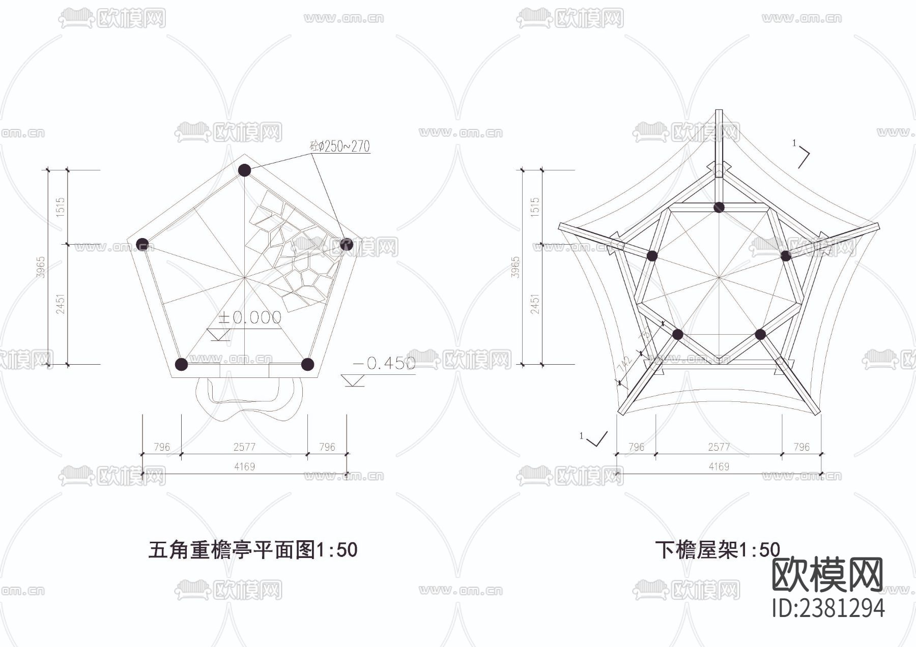 五角重檐亭cad大样图下载（渲染图3）