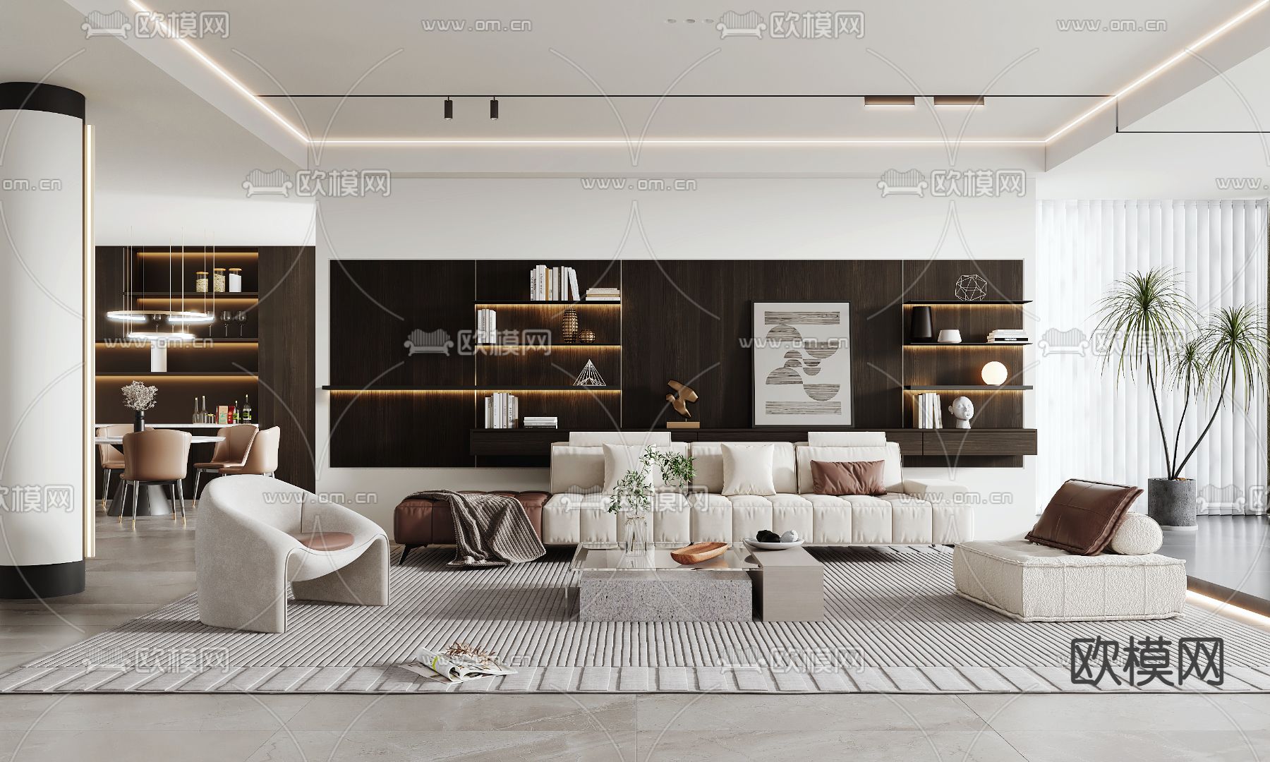 奶油风客厅 餐厅3d模型下载（渲染图1）