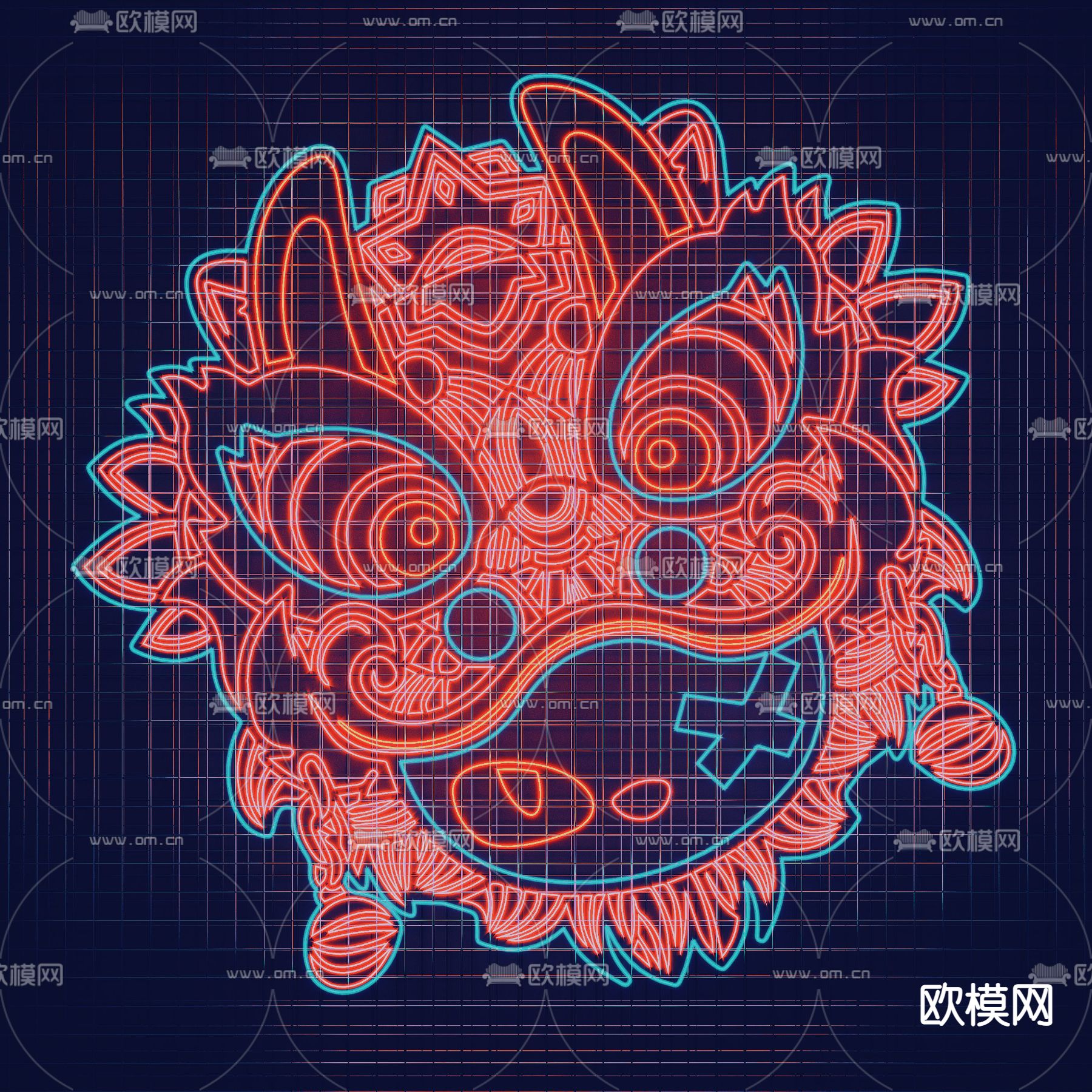 国潮醒狮霓虹灯 装饰灯su模型下载（渲染图1）