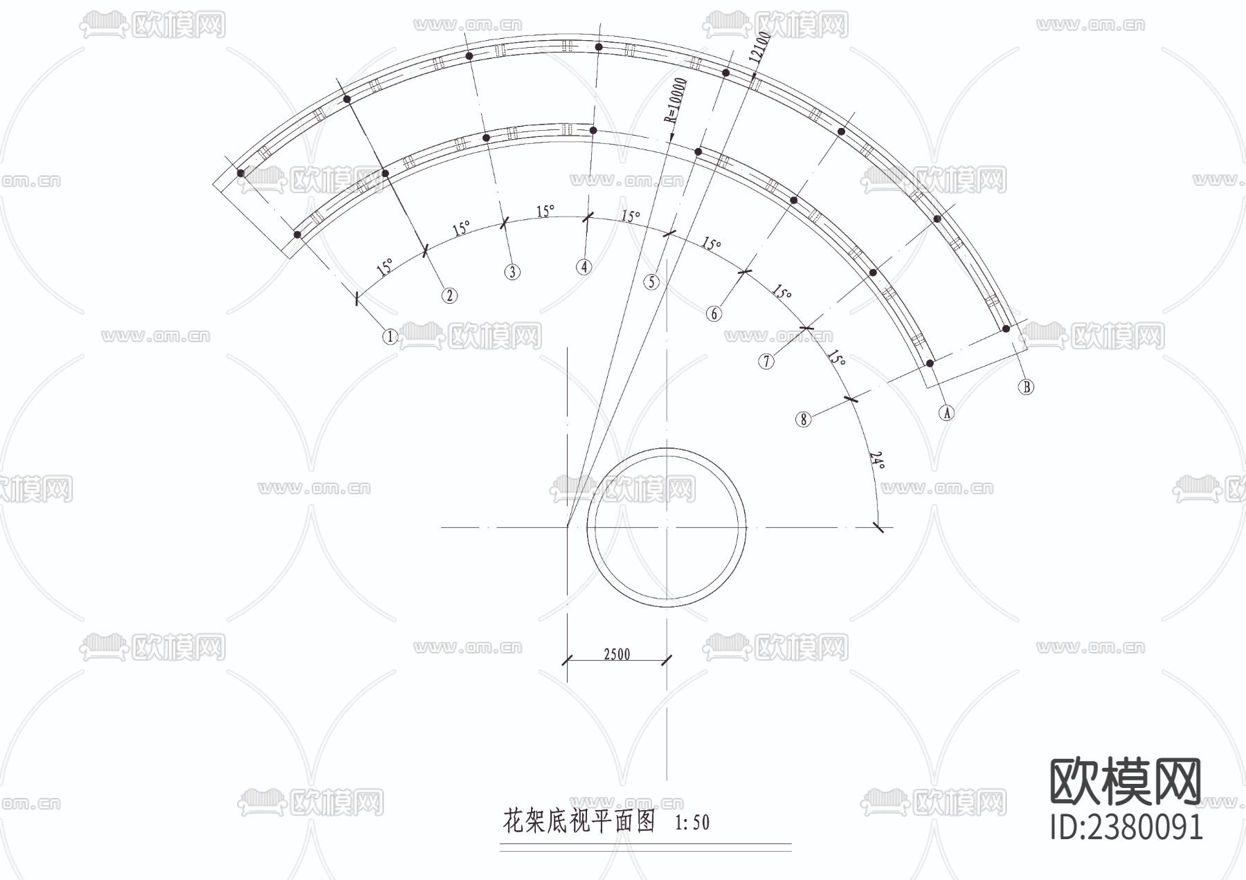 自制弧形花架含配筋cad大样图下载（渲染图1）