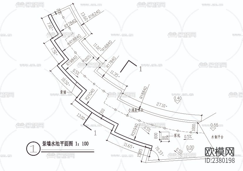 景墙喷泉CAD施工图下载（渲染图1）