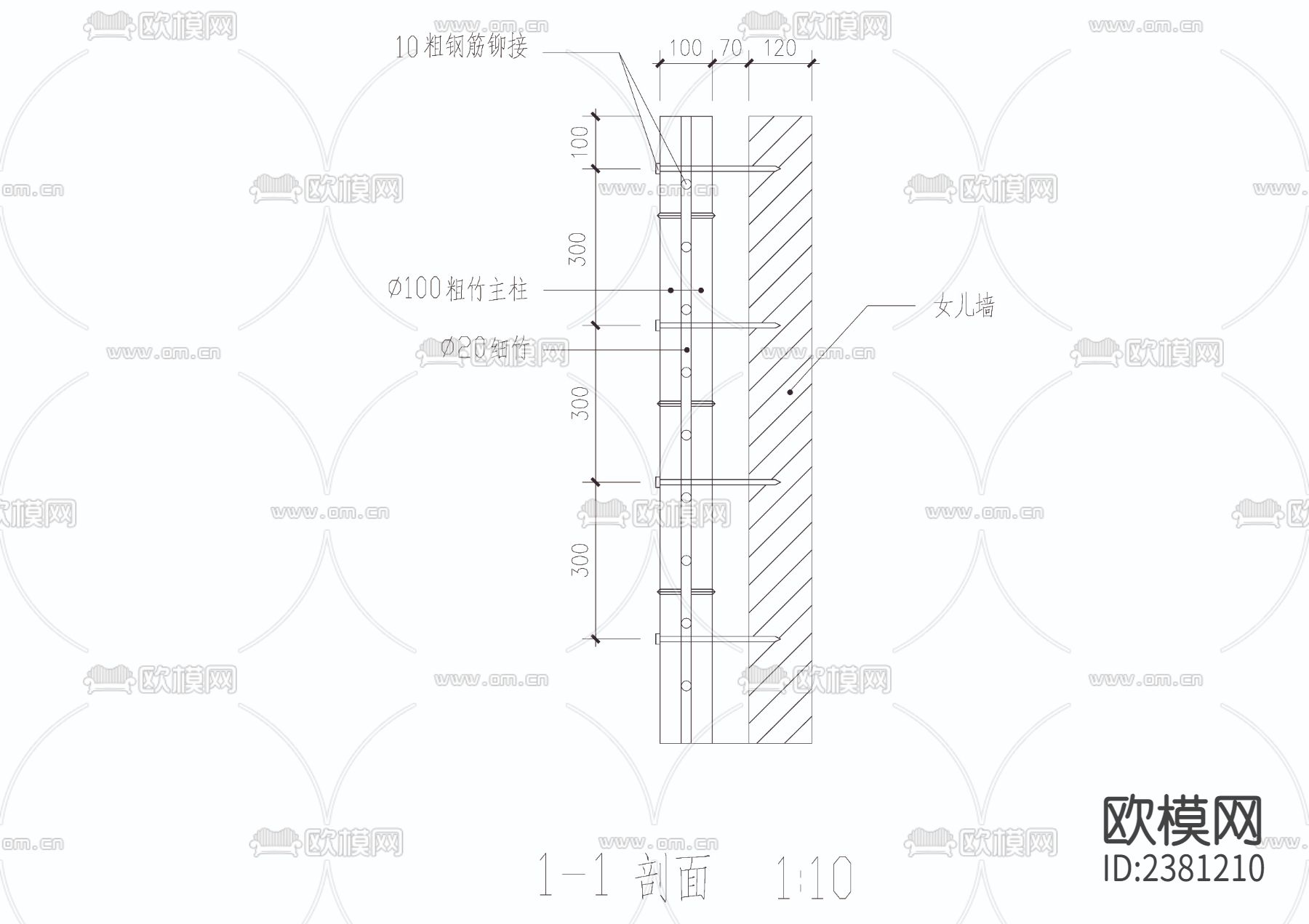竹篱墙cad大样图下载（渲染图2）