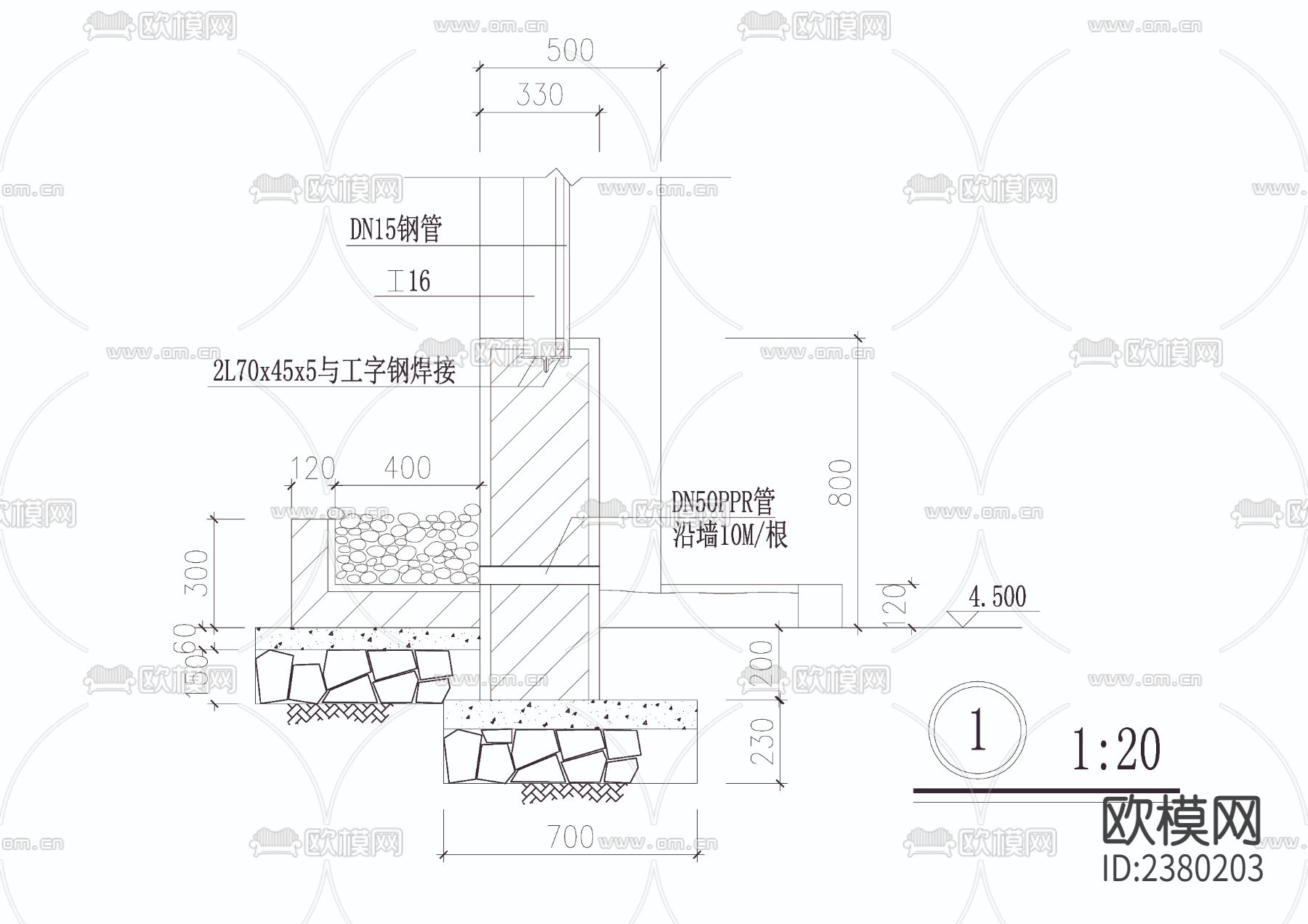 围墙详图CAD施工图下载（渲染图1）