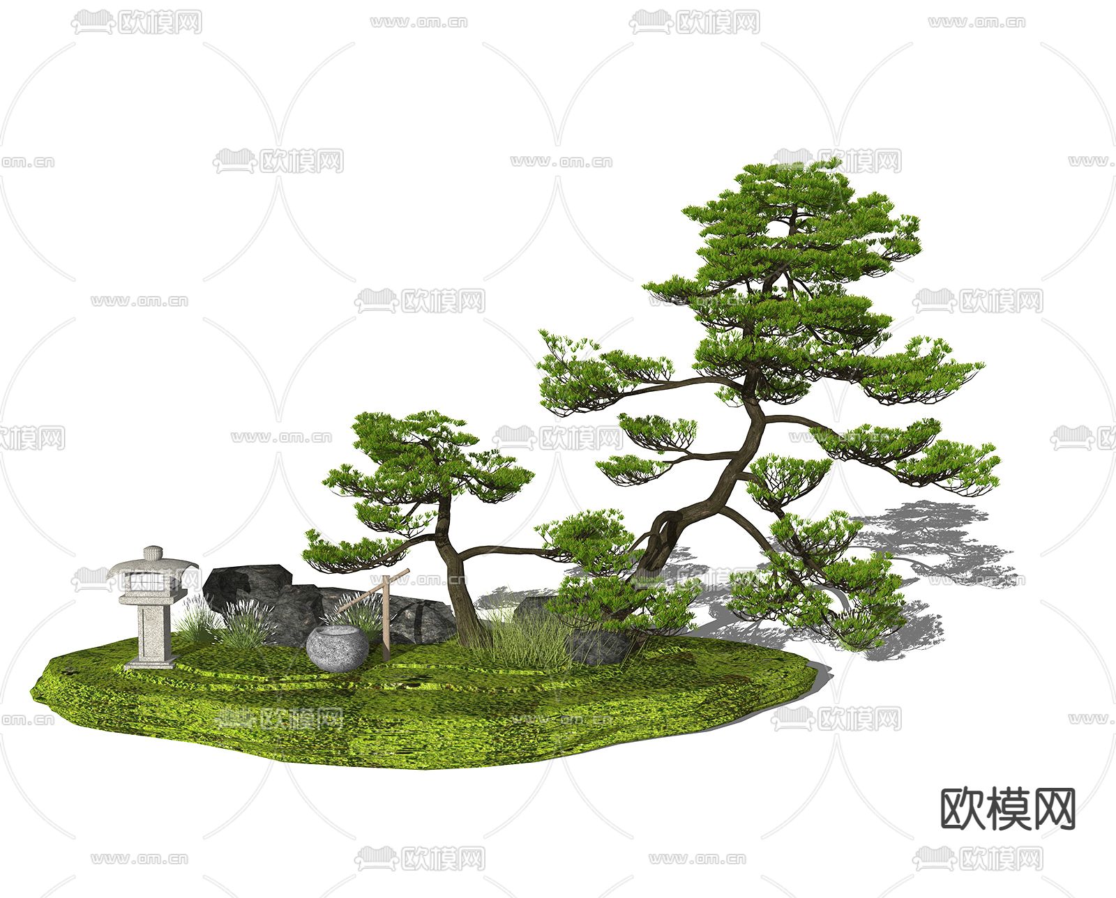 新中式松树山石 景观小品su模型下载_ID12206777_sketchup模型下载-欧模网