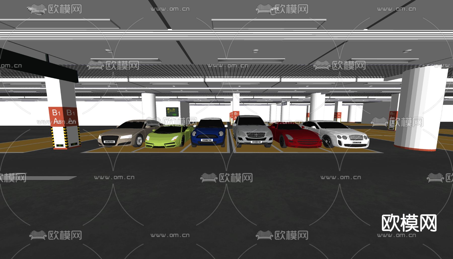 现代车库 豪车 停车场su模型下载（渲染图2）