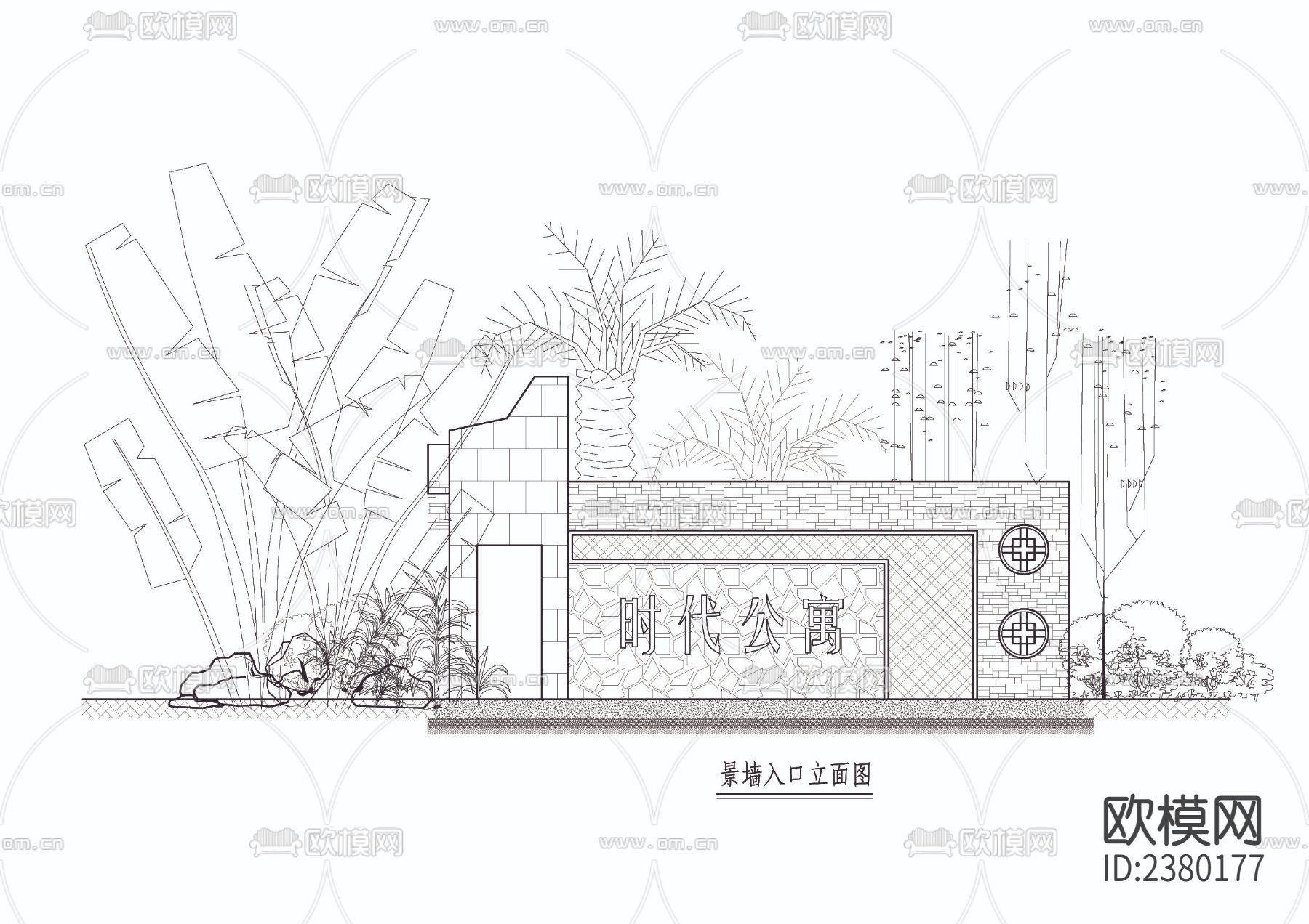 特色景墙CAD施工图下载（渲染图2）