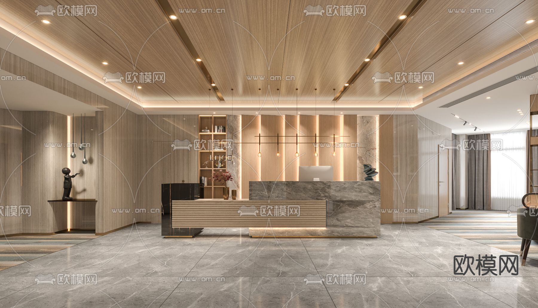 轻奢办公室前台 接待处su模型下载（渲染图1）