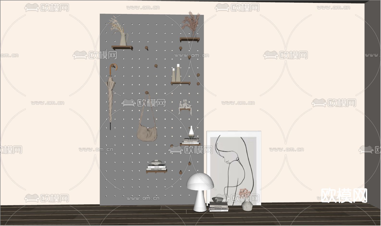 现代洞洞板置物架su模型下载（渲染图2）