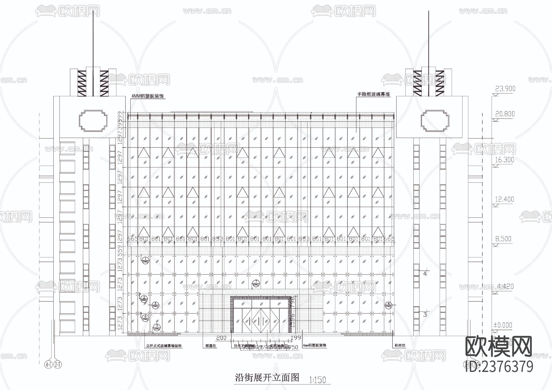 玻璃幕墙CAD施工图下载（渲染图4）