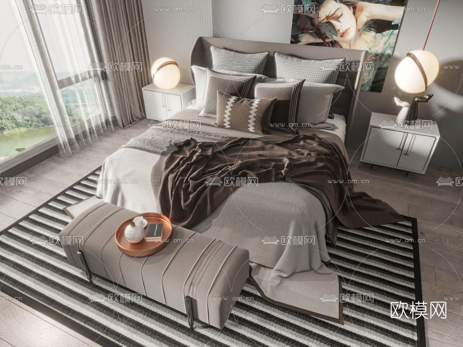 现代双人床3d模型下载