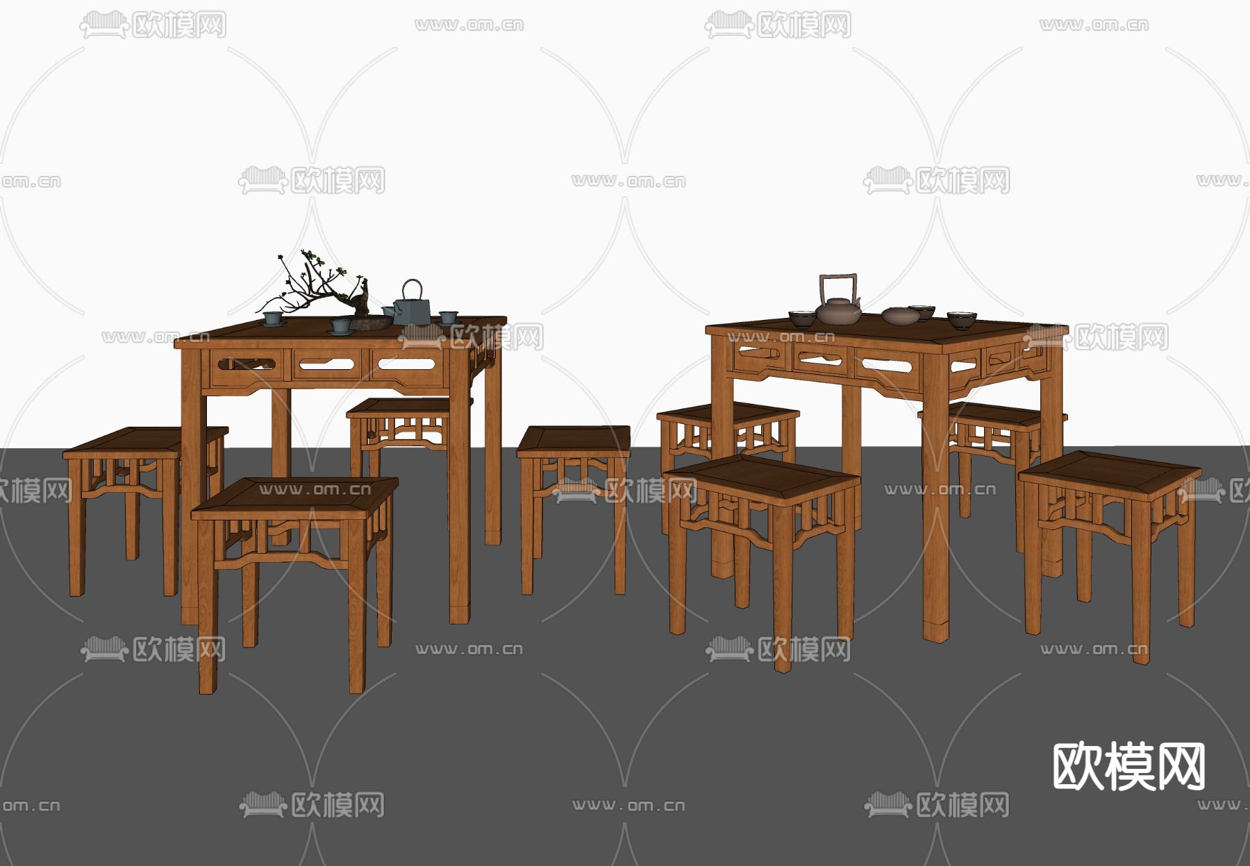 新中式茶桌椅 八仙桌su模型下载（渲染图2）