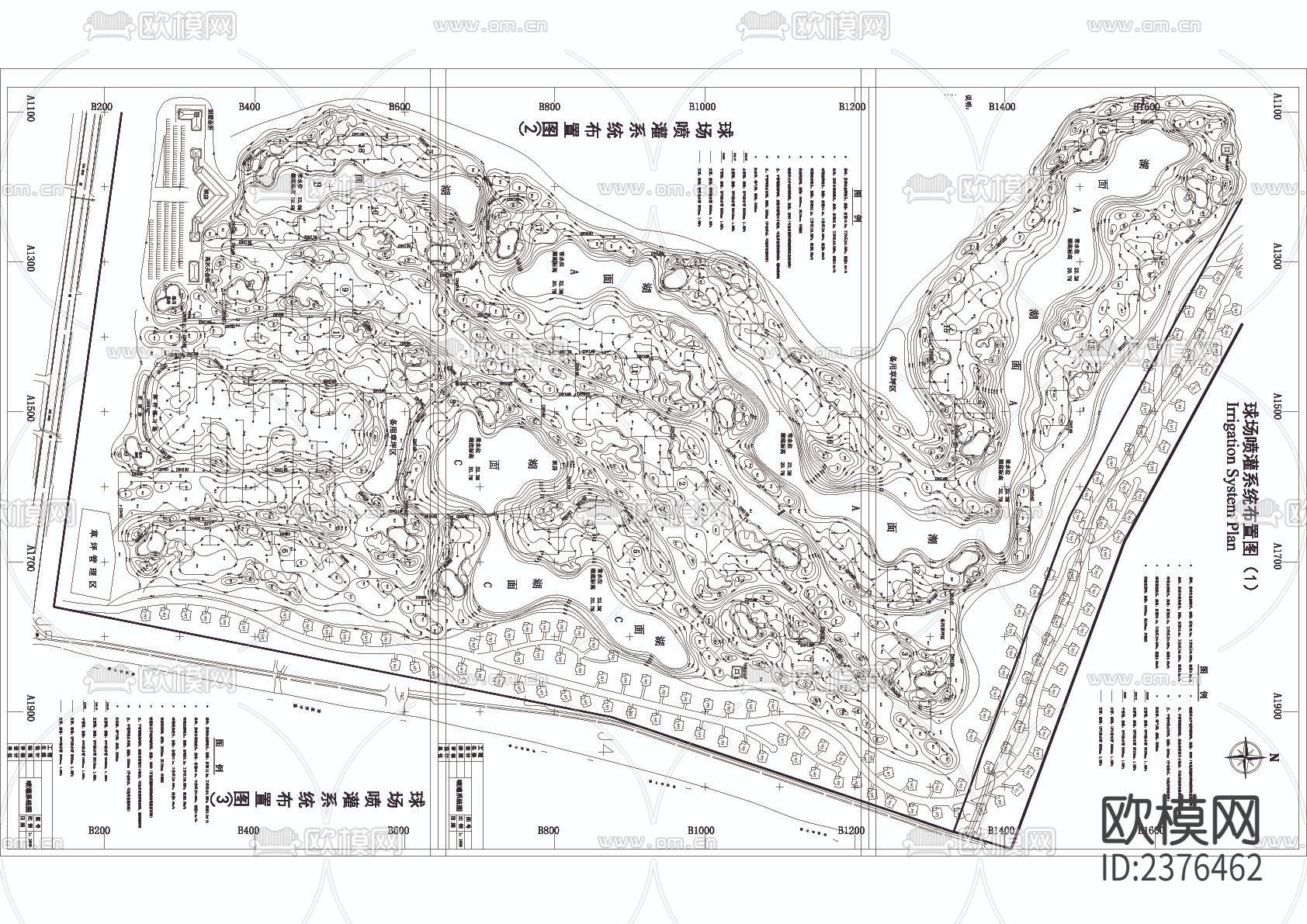 高尔夫球场地形及喷灌CAD施工图下载（渲染图1）