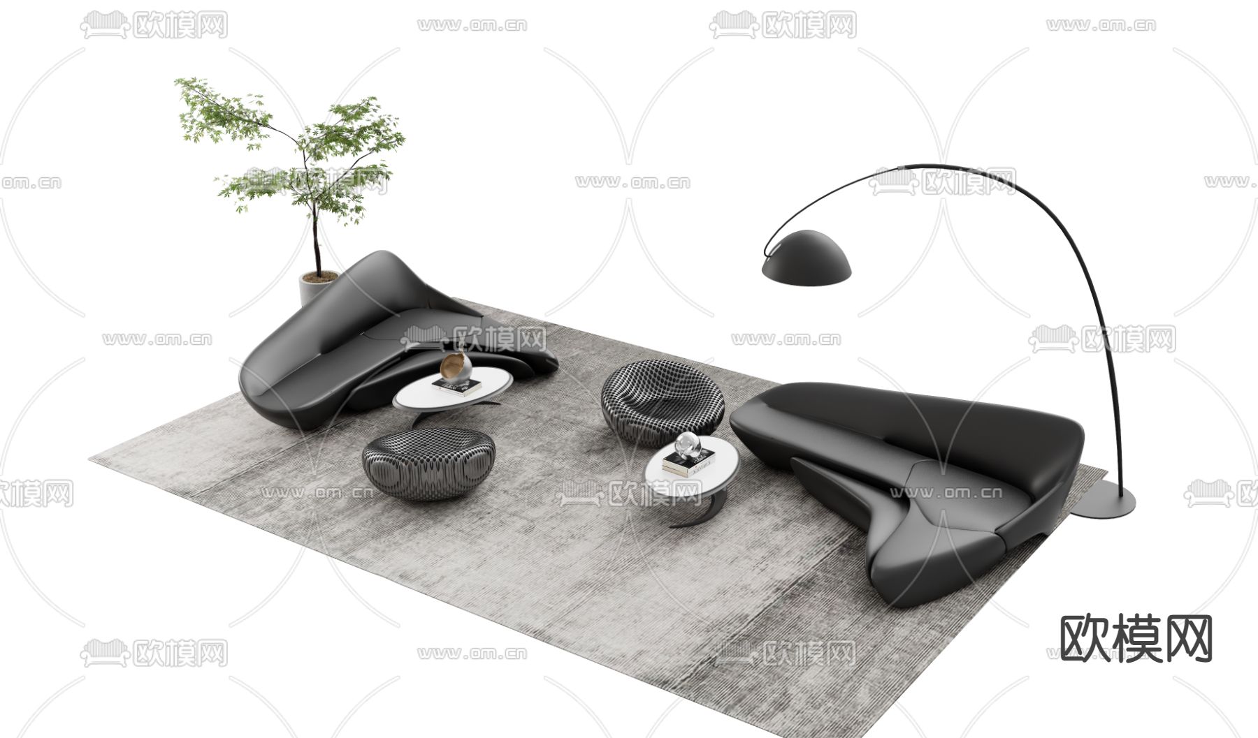 黑色组合沙发 异形沙发su模型下载（渲染图1）