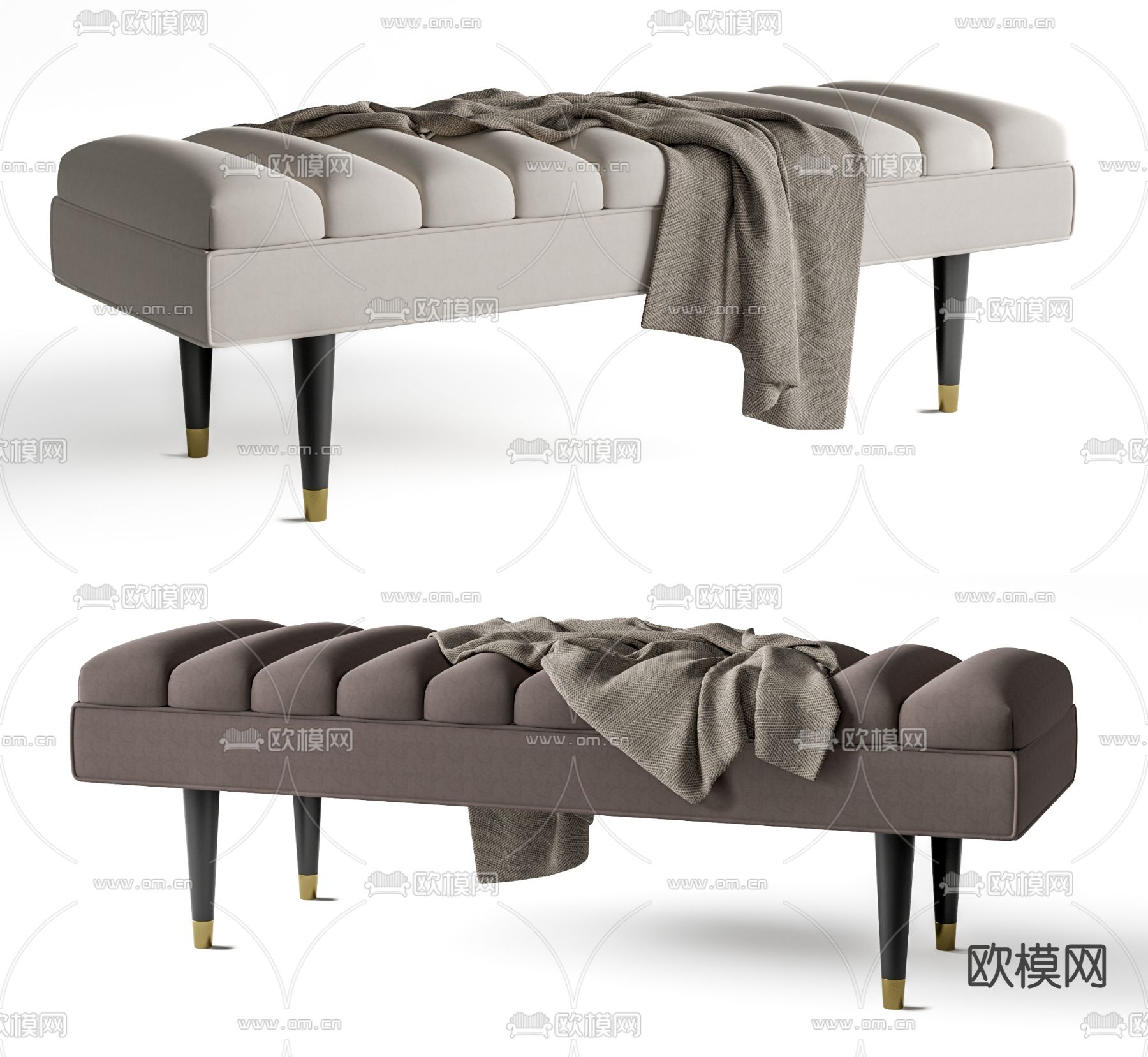 奶油风床尾凳su模型下载（渲染图1）