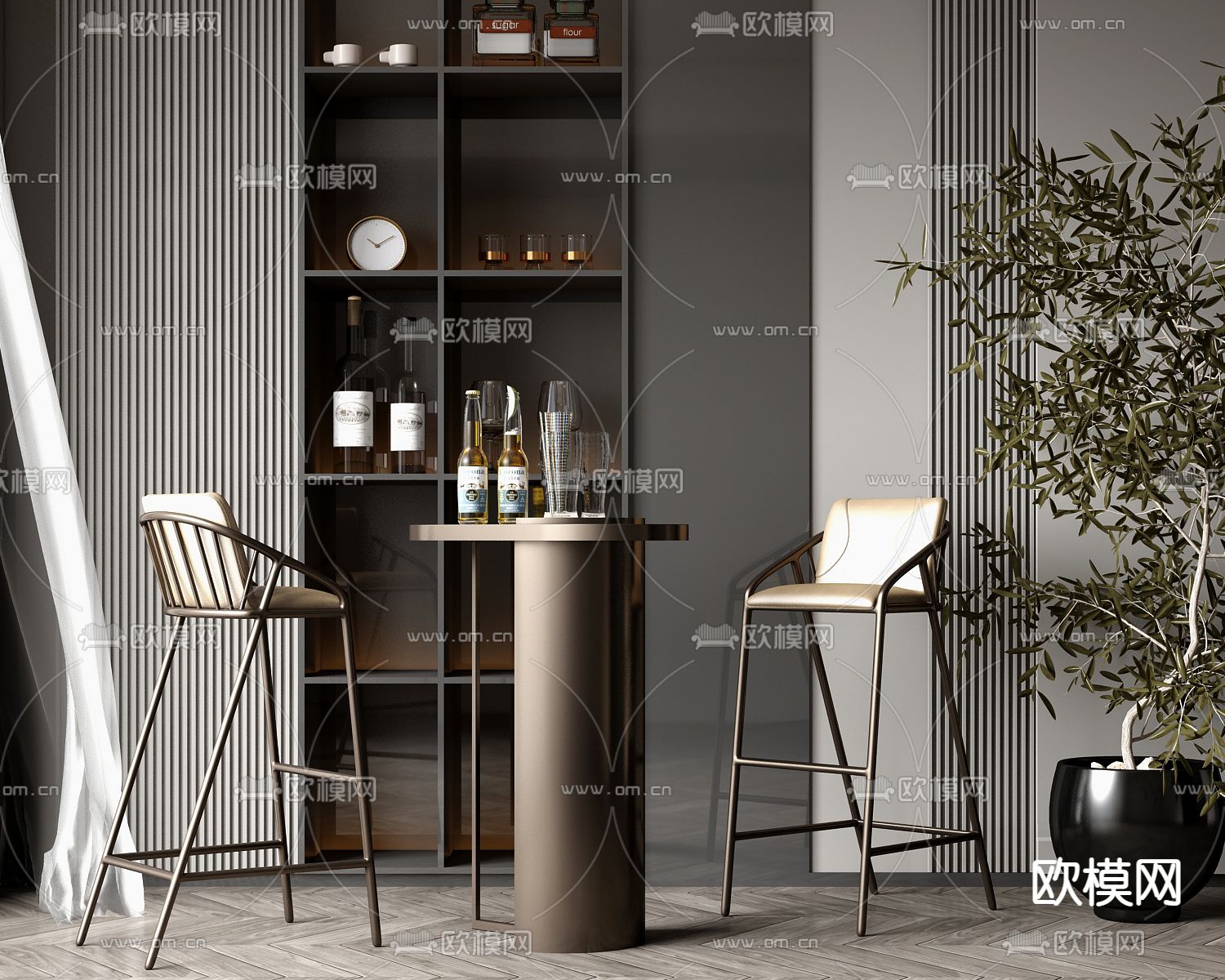 轻奢吧台桌椅 吧凳3d模型下载