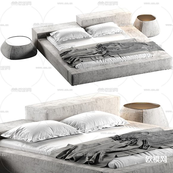 现代双人床3d模型下载(渲染图1)