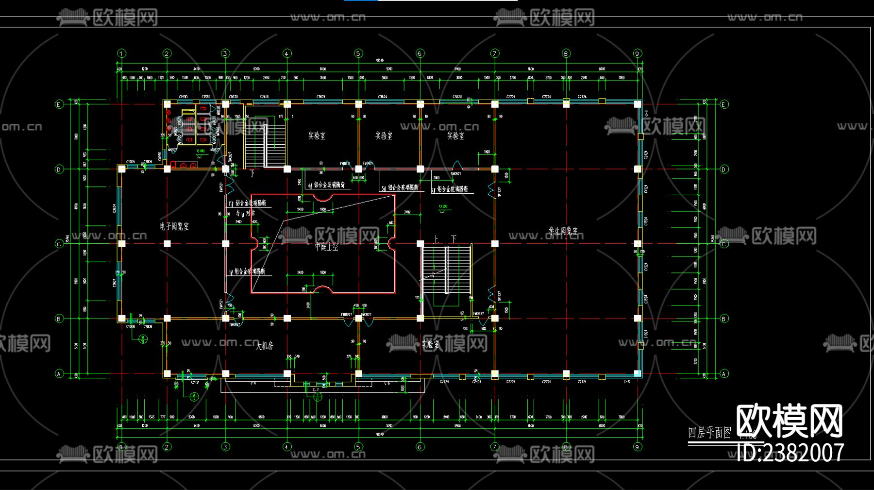 五层学校图书馆建筑CAD施工图下载（渲染图4）