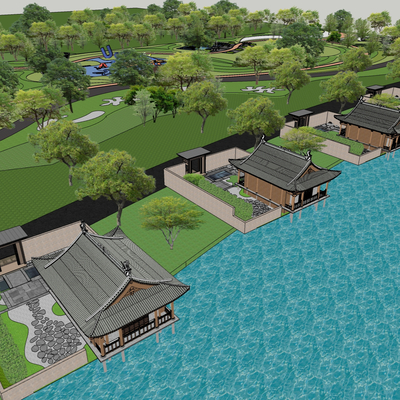  新中式民宿鸟瞰su模型 