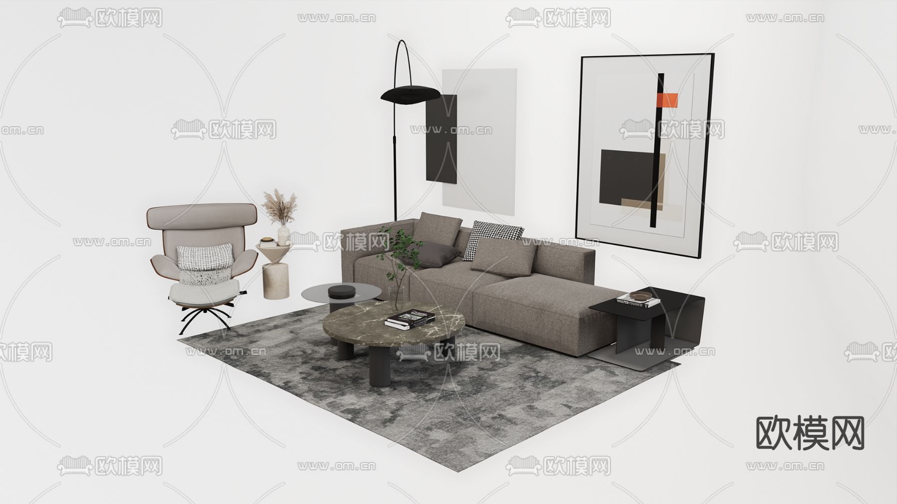 简欧组合沙发su模型下载（渲染图1）