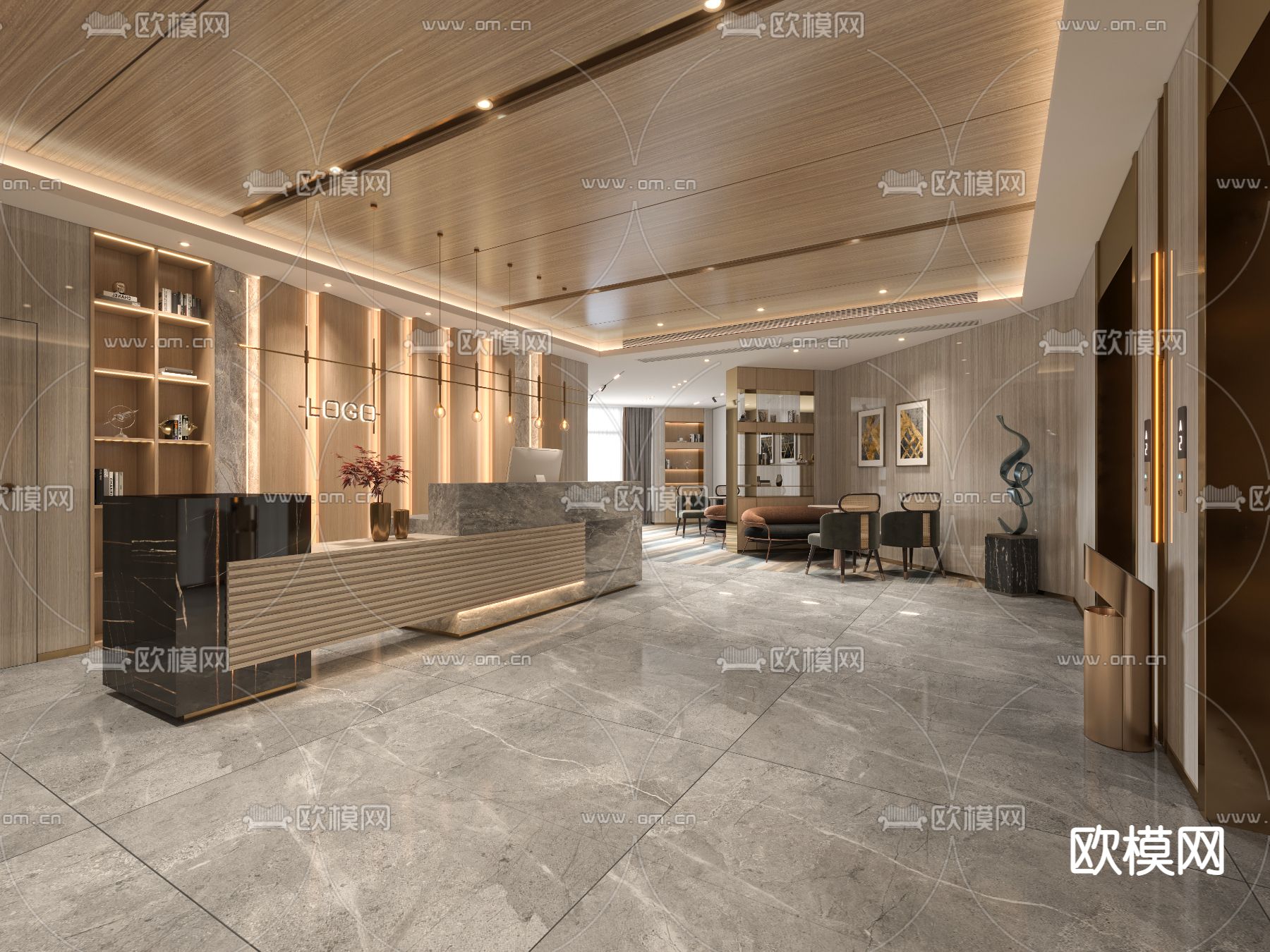 轻奢办公室前台 接待处su模型下载（渲染图2）