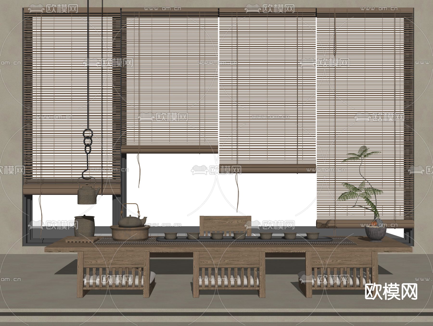 侘寂风榻榻米茶桌椅su模型下载（渲染图2）