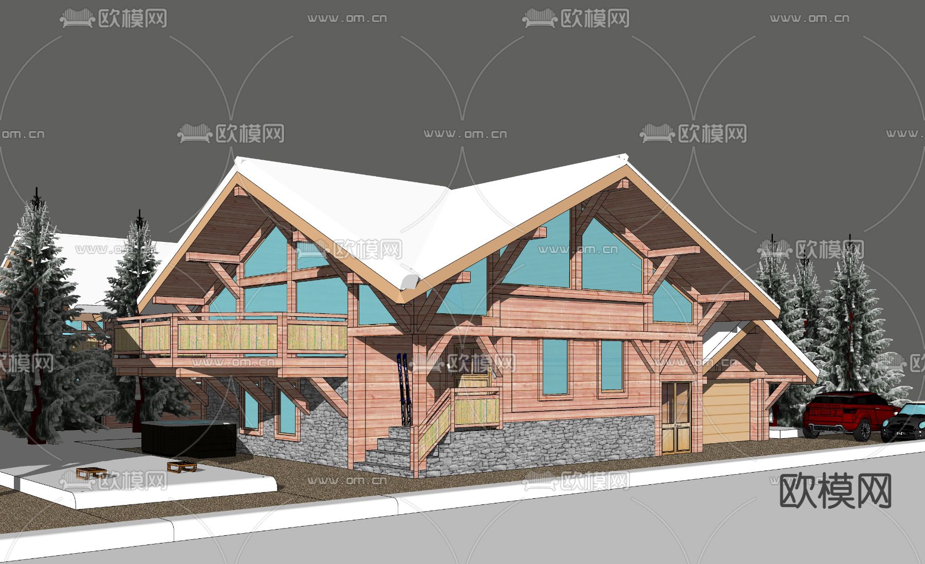 自然风雪地木屋su模型下载（渲染图1）