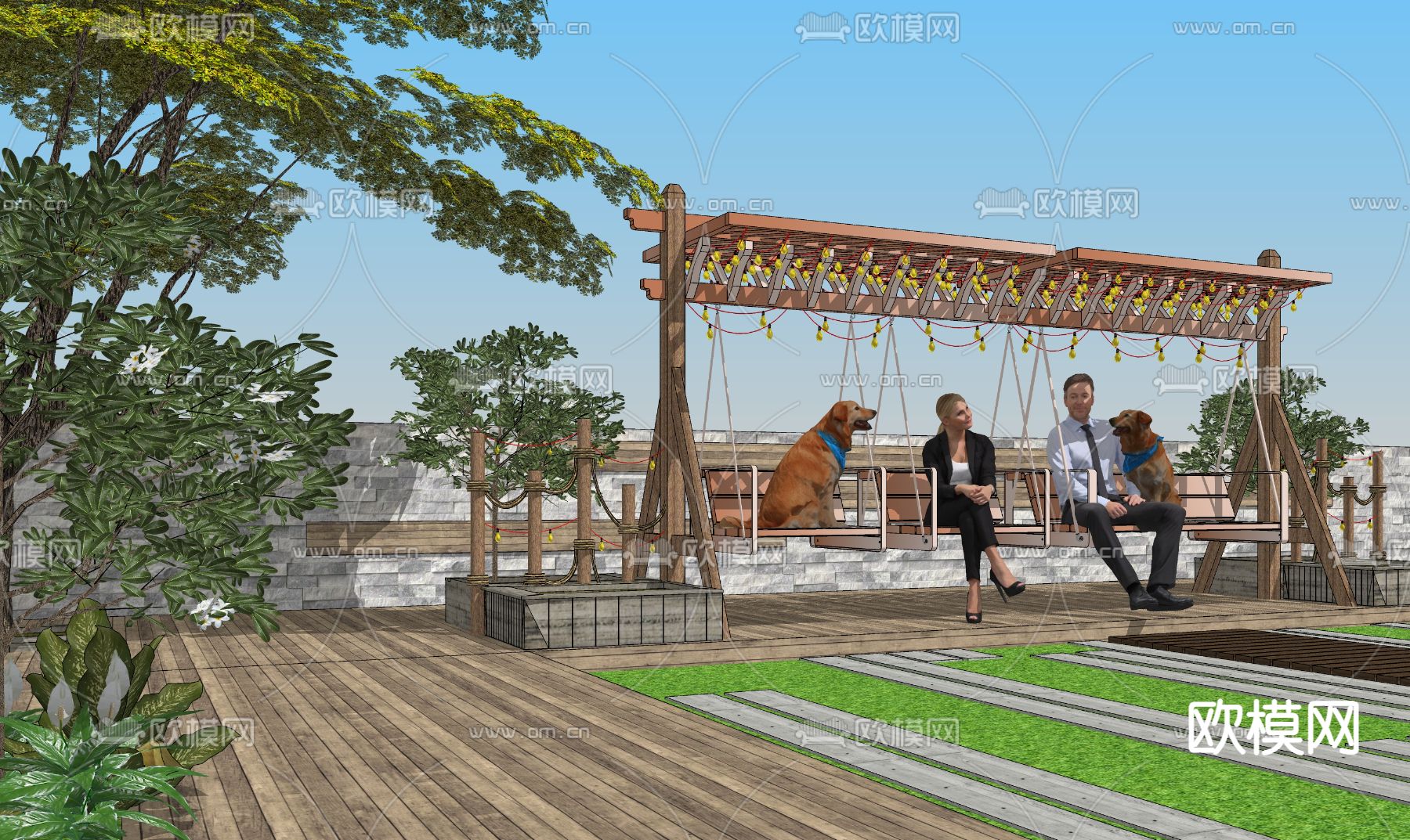 现代庭院秋千吊椅su模型下载（渲染图2）