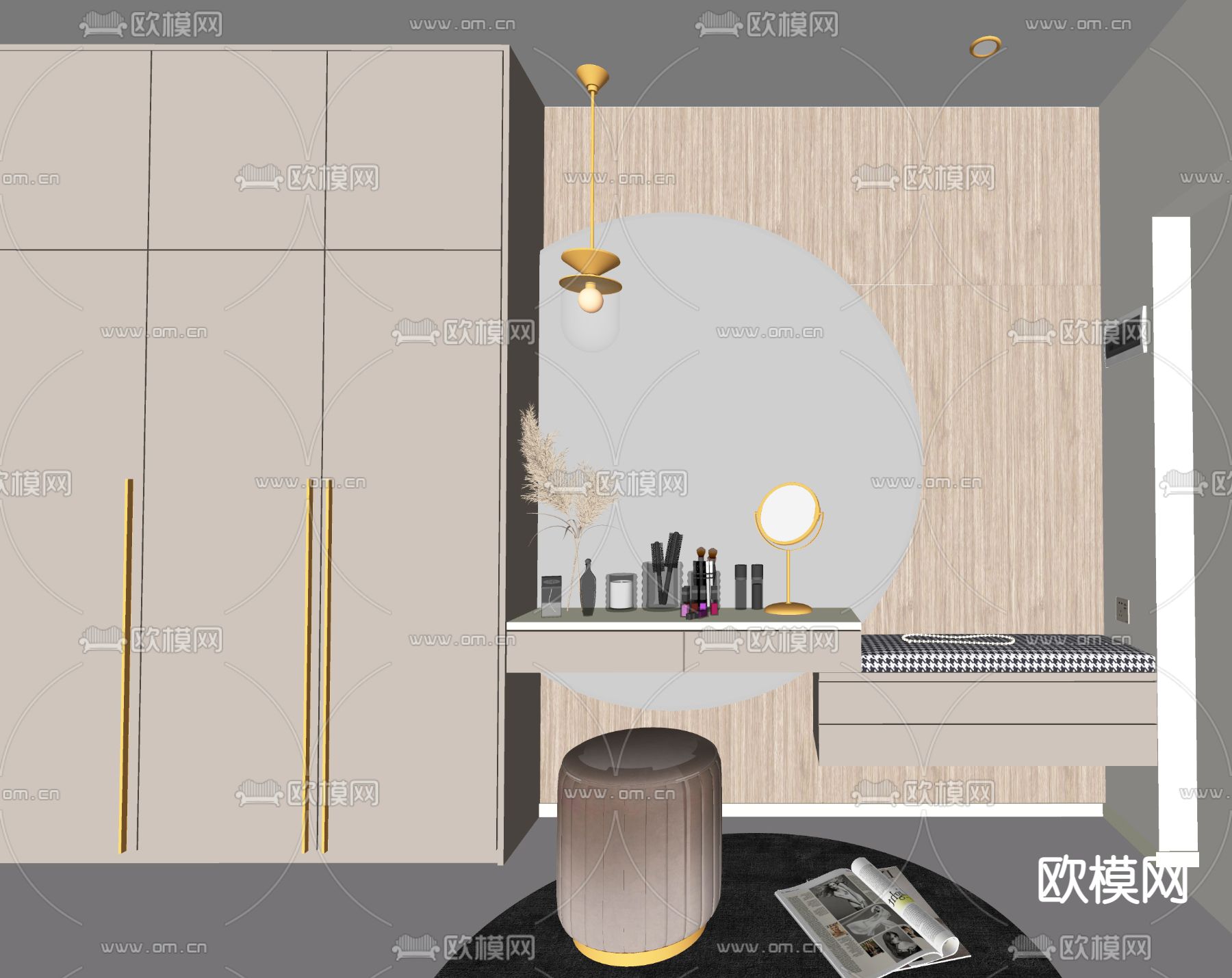 现代梳妆台 化妆镜su模型下载（渲染图2）