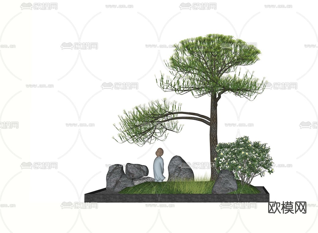 新中式松树山石 景观小品su模型下载_ID12206778_sketchup模型下载-欧模网