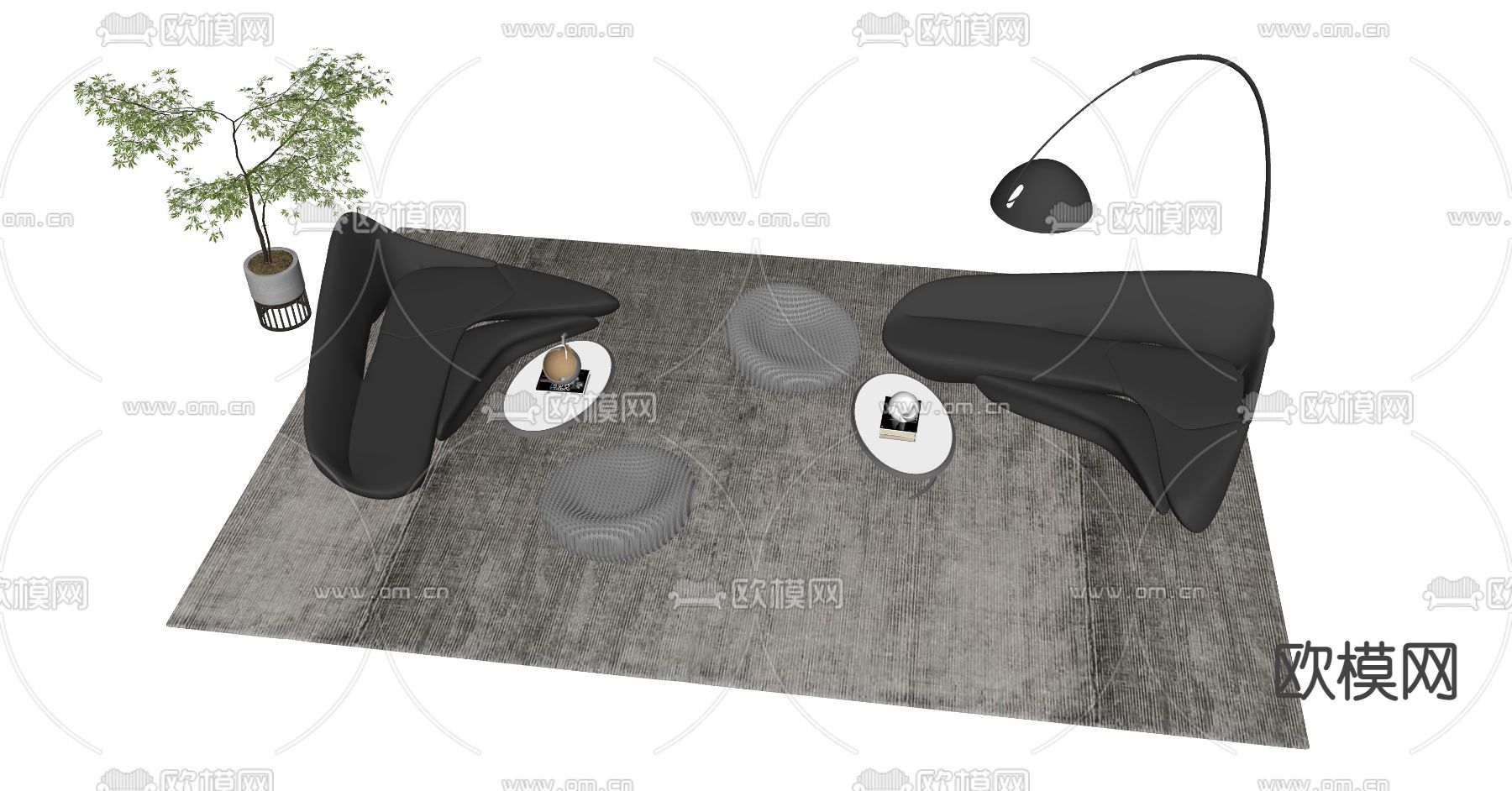 黑色组合沙发 异形沙发su模型下载（渲染图2）
