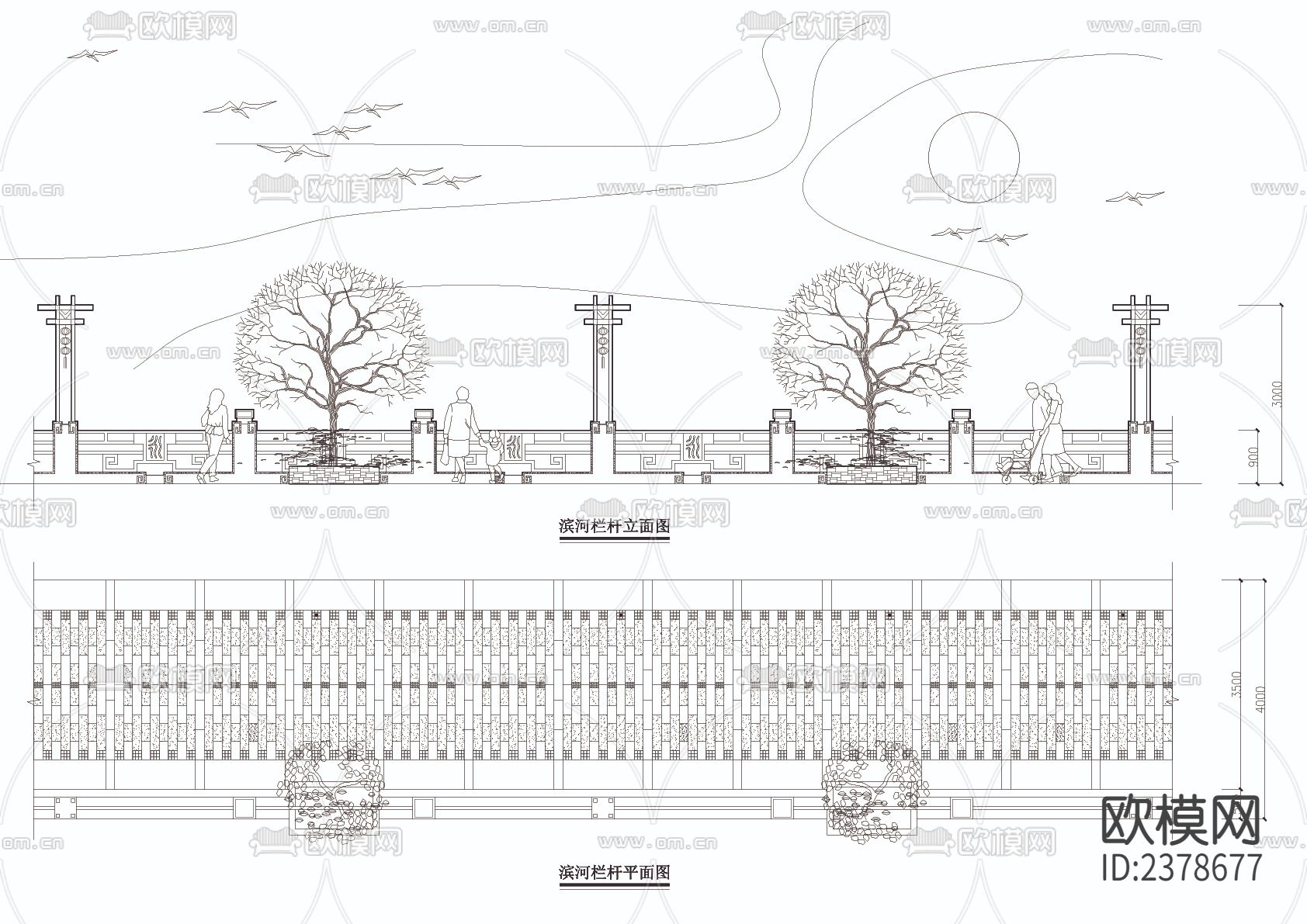 滨河栏杆凉亭象棋广场CAD施工图下载（渲染图3）