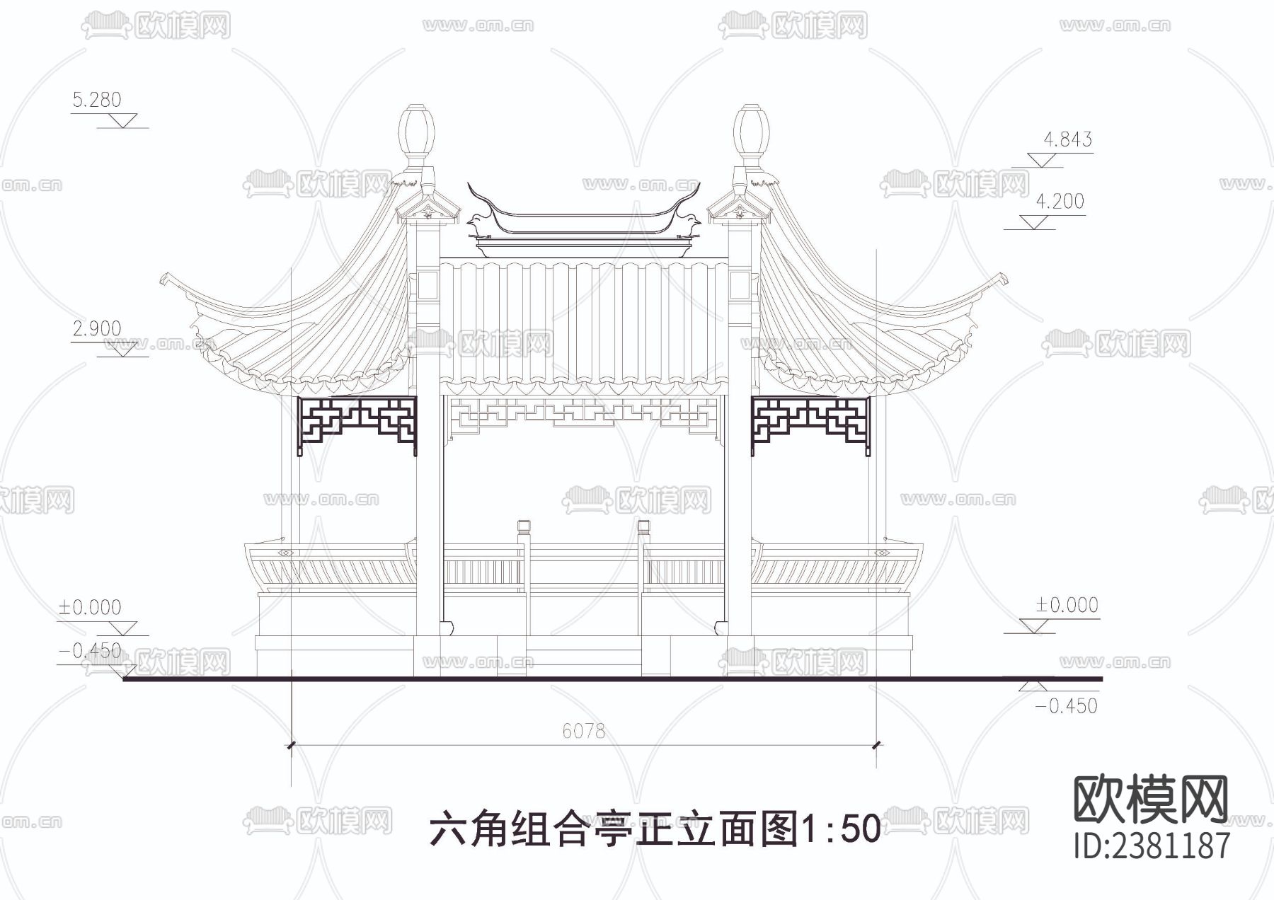 六角组合亭cad大样图下载（渲染图3）