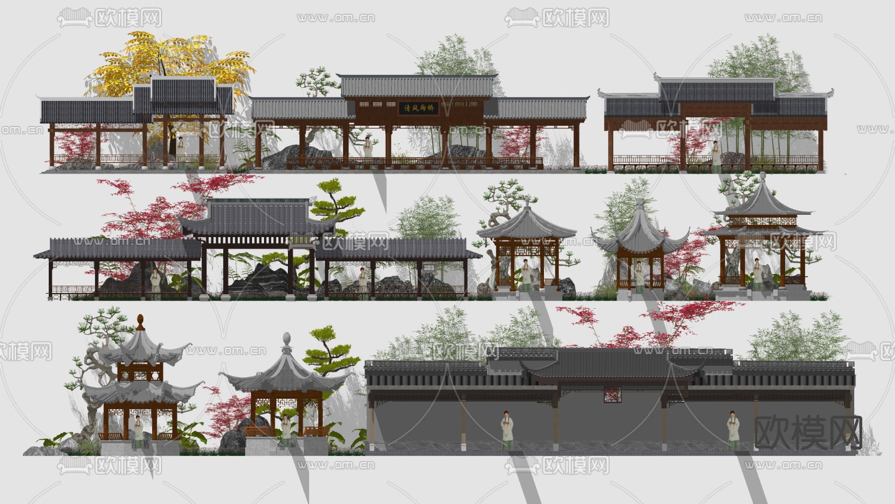 新中式凉亭 长廊su模型