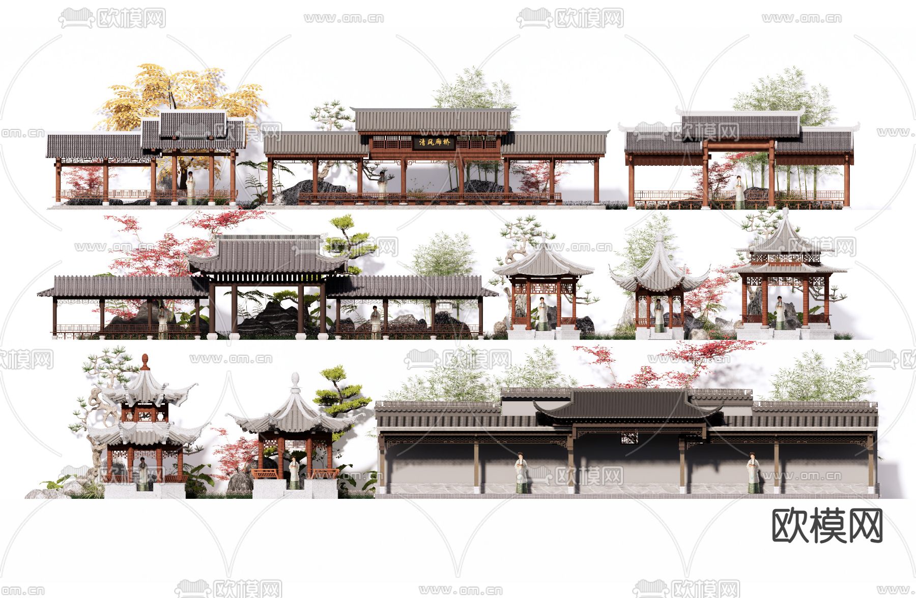 新中式凉亭 长廊su模型