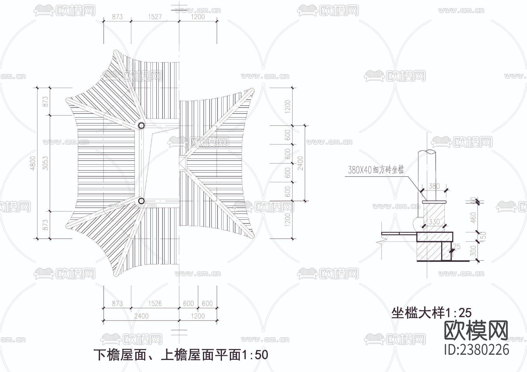 八角四方重檐亭cad大样图下载（渲染图4）