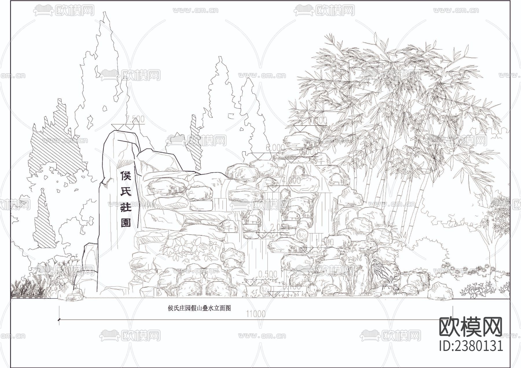 假山叠水平立剖面图节点大样下载（渲染图2）