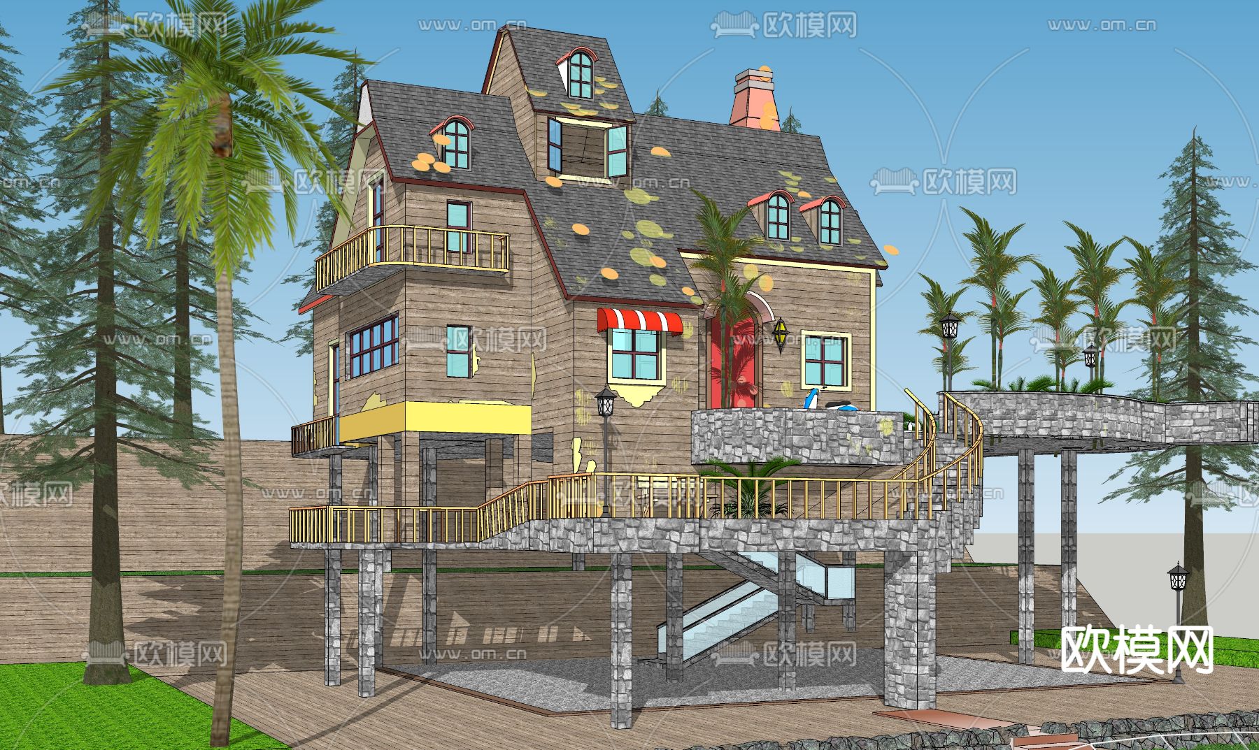 美式别墅外观su模型下载（渲染图3）