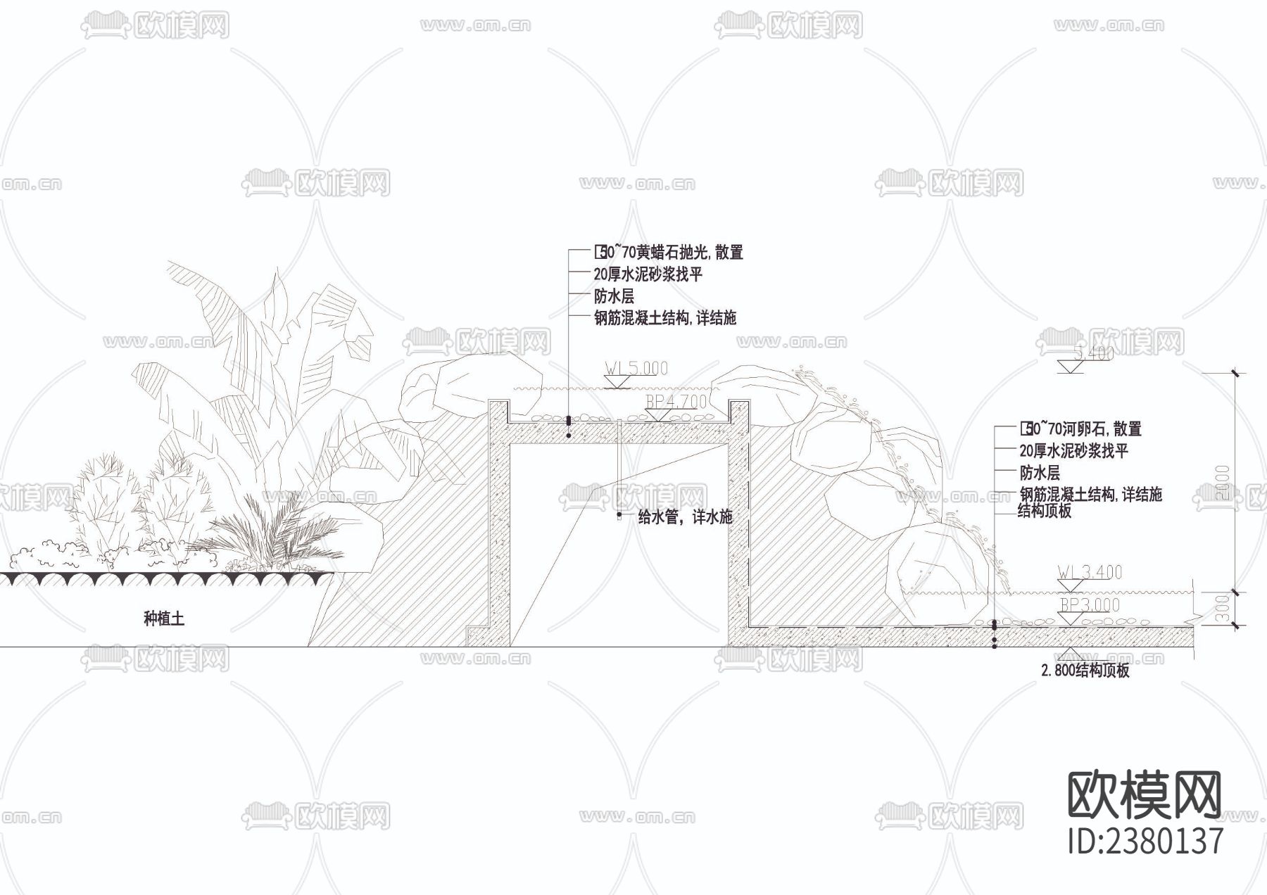 假山瀑布立剖面图节点大样下载（渲染图3）