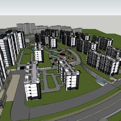  现代高层住宅楼鸟瞰su模型 