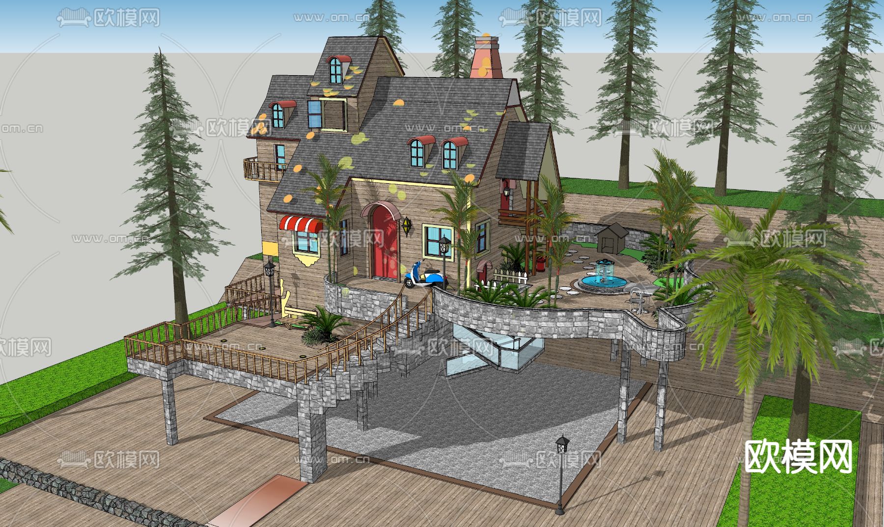 美式别墅外观su模型下载（渲染图4）